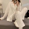 2 Pcs/Set Women Spring Summer Pajama Set Striped Silky Ice Silk Lapel Long Sleeve Loose Single-breasted Wide Leg Homewear Shirt Pants Set Sleepwear
