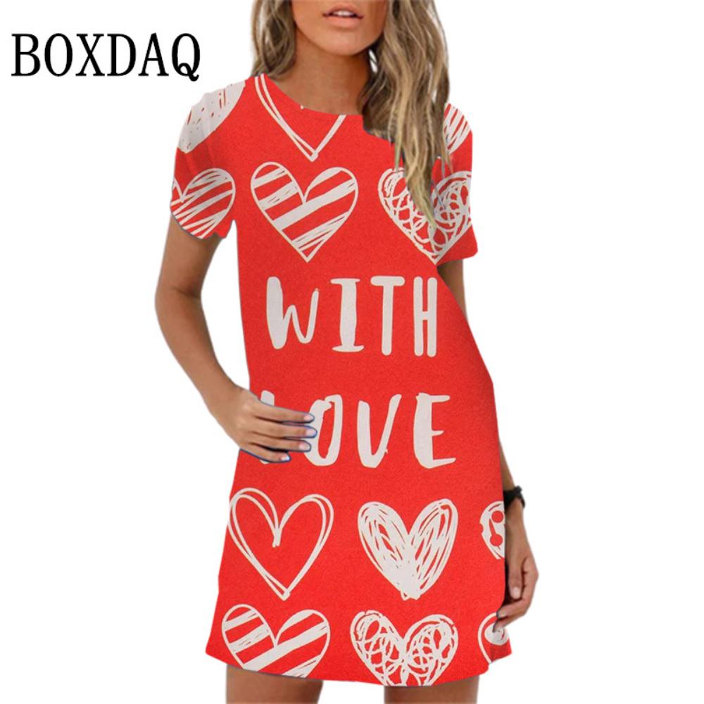Elegant Sweet Love Pattern Print Mini Dress For Women Girls Short Sleeve Summer Dress 2026 New Spring Clothing Oversize Sundress