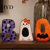 Small Halloween Figurine 3Pcs/Set Wooden Statues, Letter Bat Pumpkin Ghost with Bowknot Deisgn, Desktop Decor Ornaments, Holiday Party & Scene