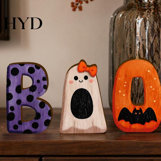Small Halloween Figurine 3Pcs/Set Wooden Statues, Letter Bat Pumpkin Ghost with Bowknot Deisgn, Desktop Decor Ornaments, Holiday Party & Scene