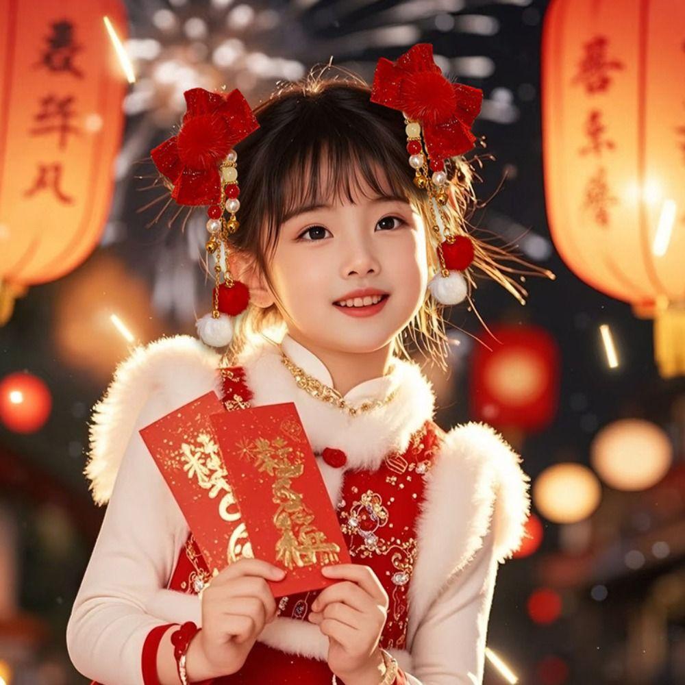 Tassels Children Bow Wig Hairpin Flower Ancient Style Hairpin Chinese New Year Headwear Girls