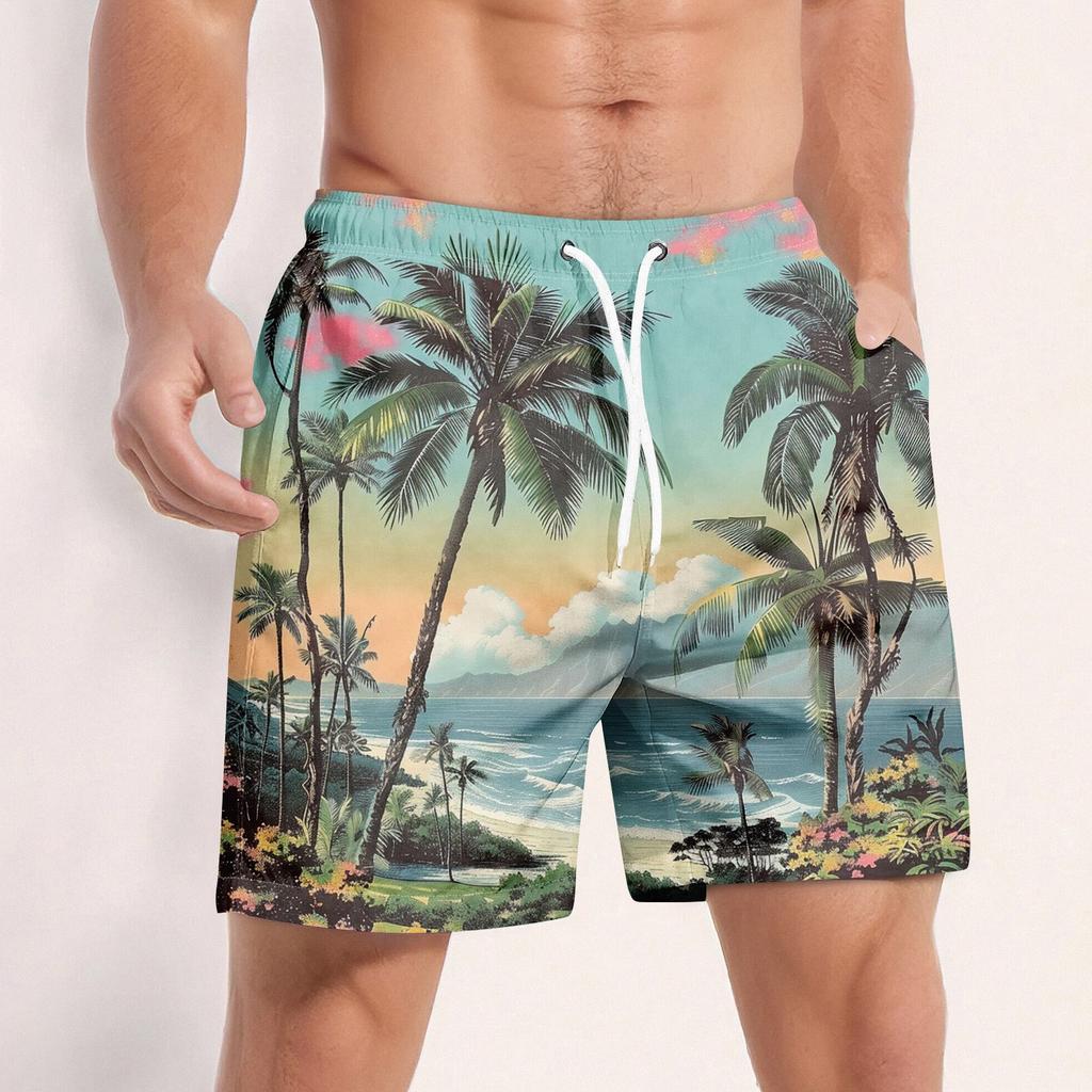 Men's Fashion Hawaiian Print Elastic-Waisted Casual Yoga Pants Beach Shorts