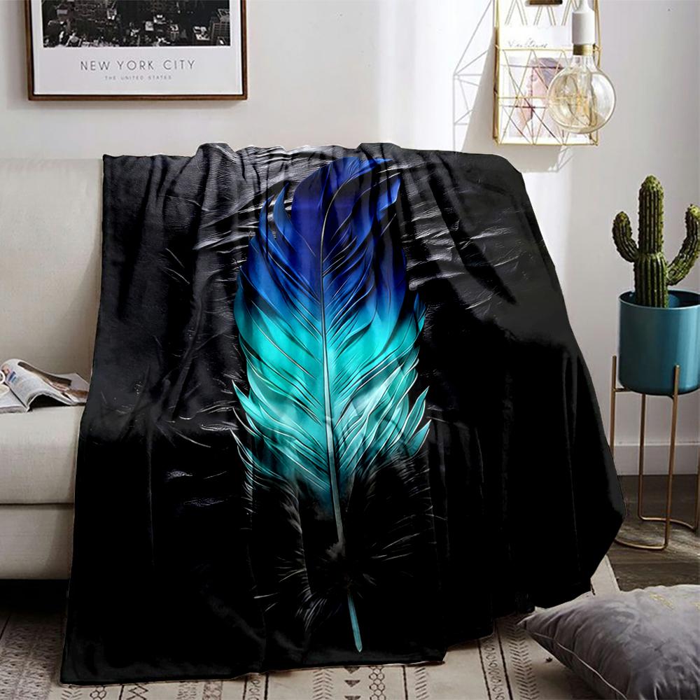 Gradient Blue Feather Pattern blanket with Black Background Style. blanket, suitable for use in the bedroom, living room, on the sofa