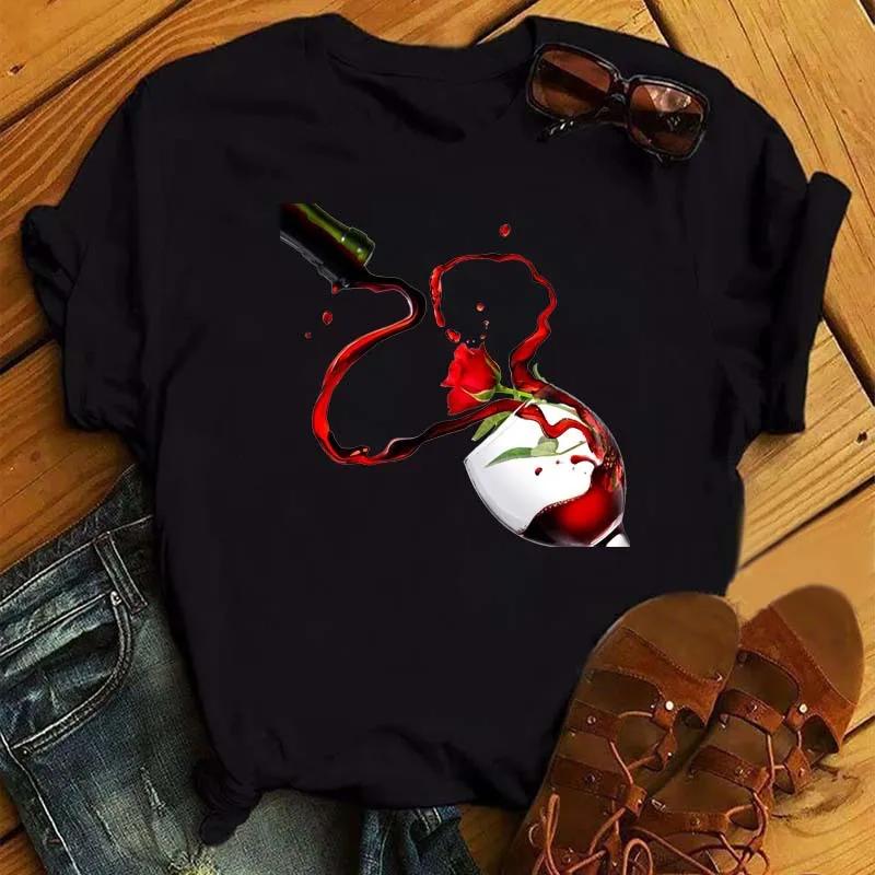 Футболка с принтом Peace Love Wine, женская свободная футболка с короткими рукавами и круглым вырезом, летняя женская футболка, топы, одежда Camisetas Mujer