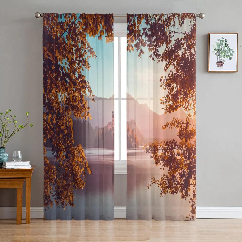 Castle Mountain Leaves Sky Tulle Curtains Balcony Room Fashion Printed Sheer Curtain Living Room Window Modern Decor