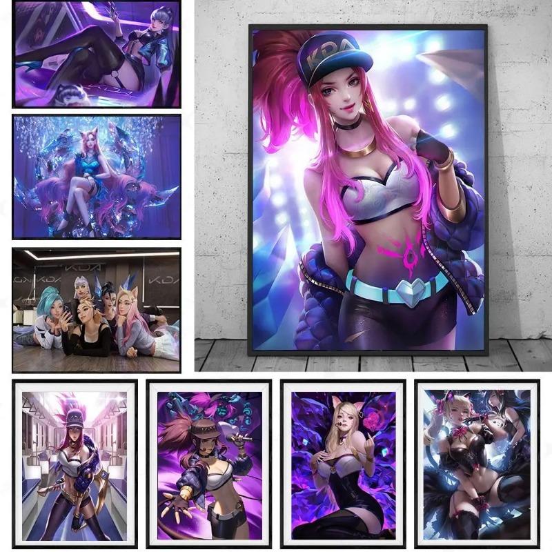 Game League Of Legends Figure KDA Poster LOL Evelyn Kasha Ahri Sexy Girl Canvas Painting Neon Style Wall Art Pictures Home Decor