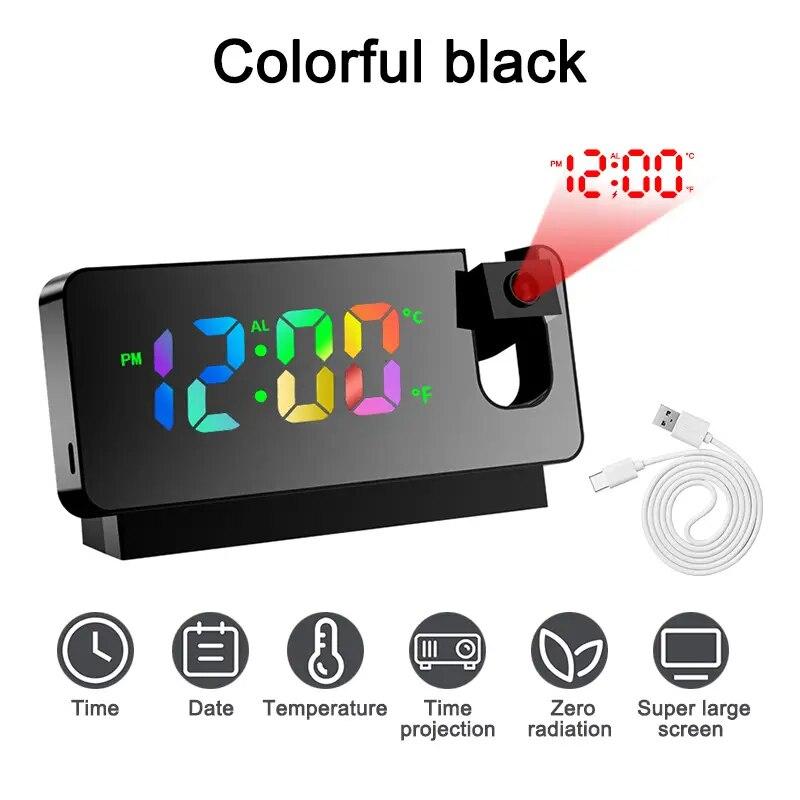 Multifunctional 180° Rotating Projection Creative Alarm Clock LED Silent Colour Screen Bedroom Ceiling Projection Gift