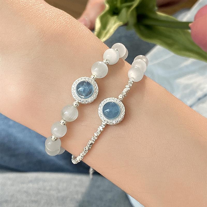 s925 pure silver natural aquamarine broken silver bracelet for women, fresh, sweet, unique and versatile, elegant and light