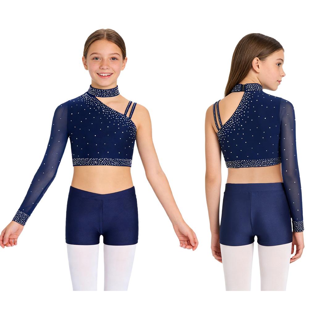 Блестящий укороченный топ для танцев со стразами для девочек: Шорты с асимметричным плечом и V-образным поясом для танцевальных выступлений