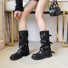 Vintage Platform Women Mid-Calf Boots Winter Belt Buckle Designer Walking Shoe Western Cowboy  Boot Black Mujer Zapatos Botas