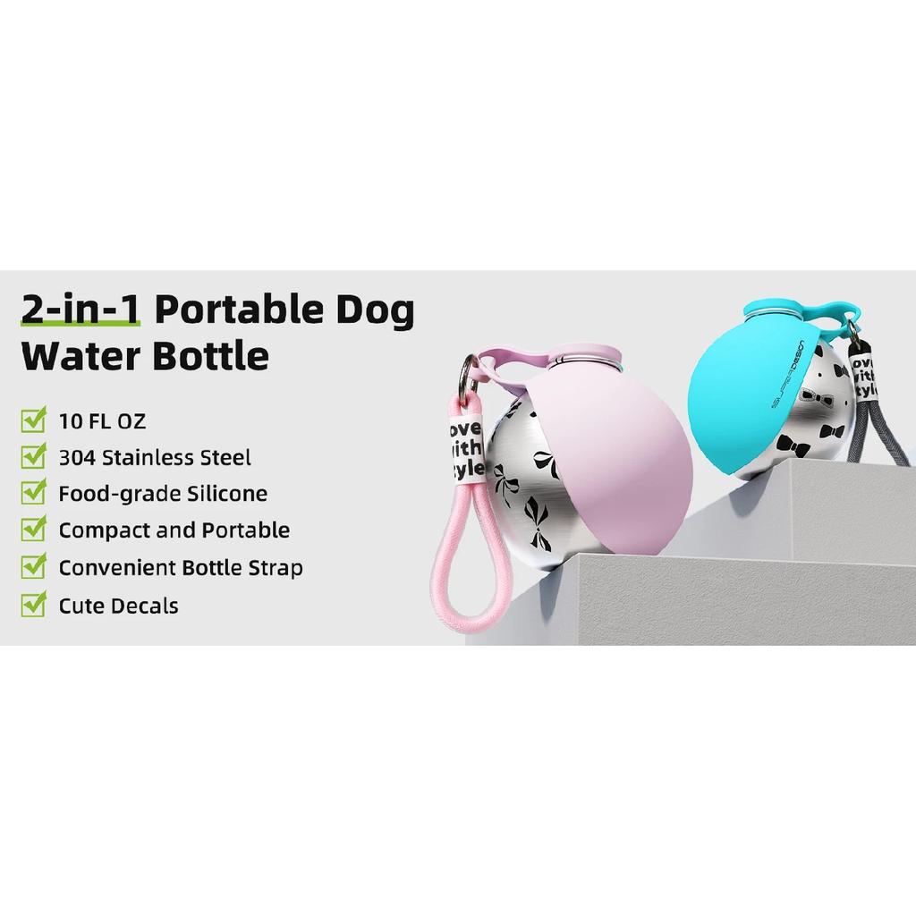 2-in-1 Portable Dog Water Bottle for Small Dogs - Leak-Proof & Compact Dog Travel Water Bottle -Stainless Steel Bottle & Silicon