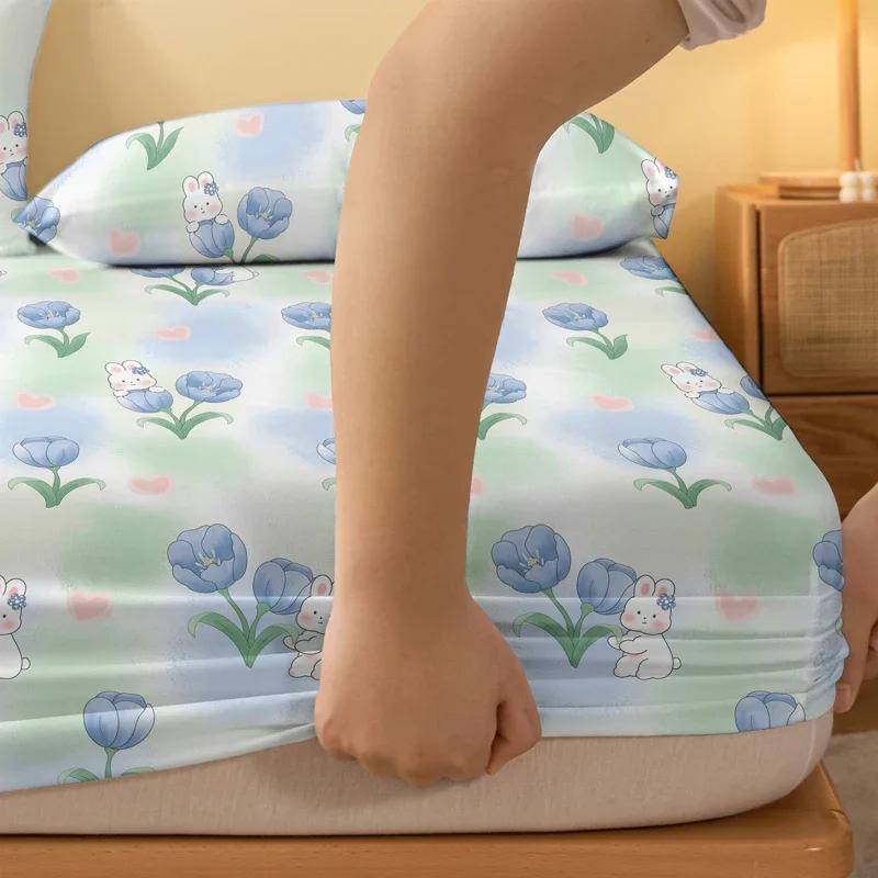 1 мультяшная милая простыня с рисунком цветка растения кролика, матовая простыня на резинке, покрывало для кровати с принтом в спальню, постельное белье (Исключая наволочки)