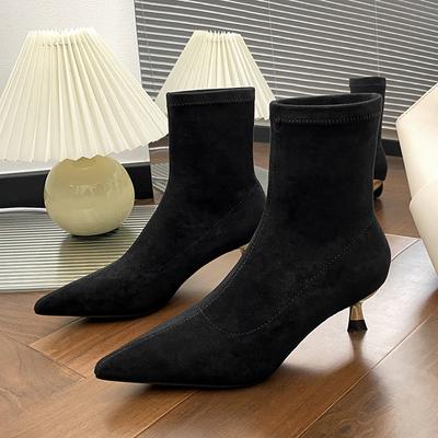Осень и зима новые остроносые короткие ботильоны женские мягкая кожа модный каблук-рюмочка замшевые эластичные тонкие ботинки тонкий каблук голые ботильоны