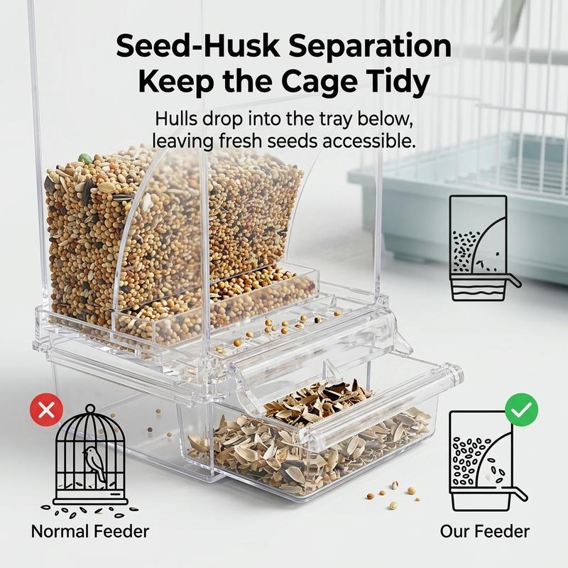 No Mess Automatic Bird Feeder Clear Acrylic Seed Dispenser Spill-Proof Parrot Feeder Cage Accessories for Budgies Parakeet Cockatiel Finch