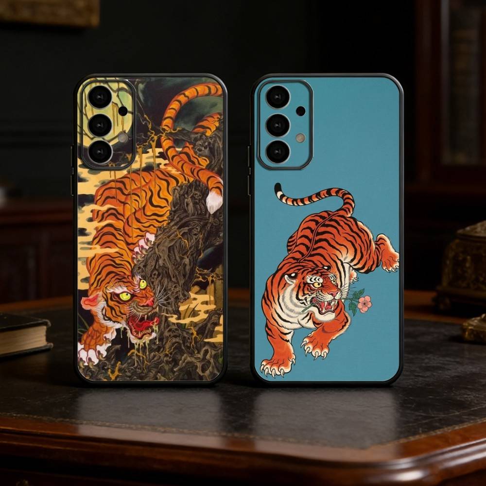 Японская Укиё-э Тигр Чехол для Телефона Для Samsung S25,24,23,22,30,21,10,9,Ultra,Plus,Lite Мягкий Черный Чехол