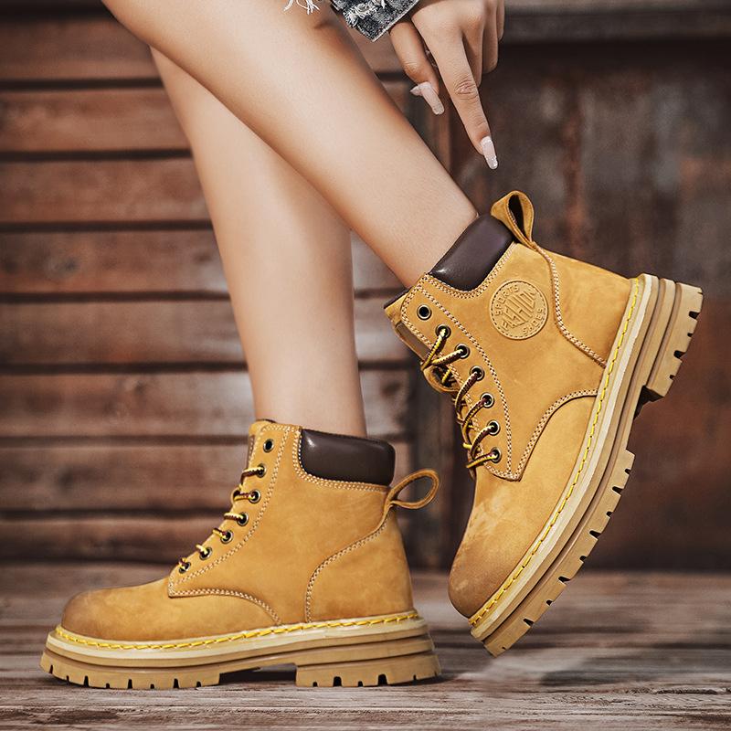 Leather Thick-soled Heightening Martin Boots Women's Couple's Big Yellow Boots Men's Locomotive Shoes High-top Outdoor Tooling Short Boots