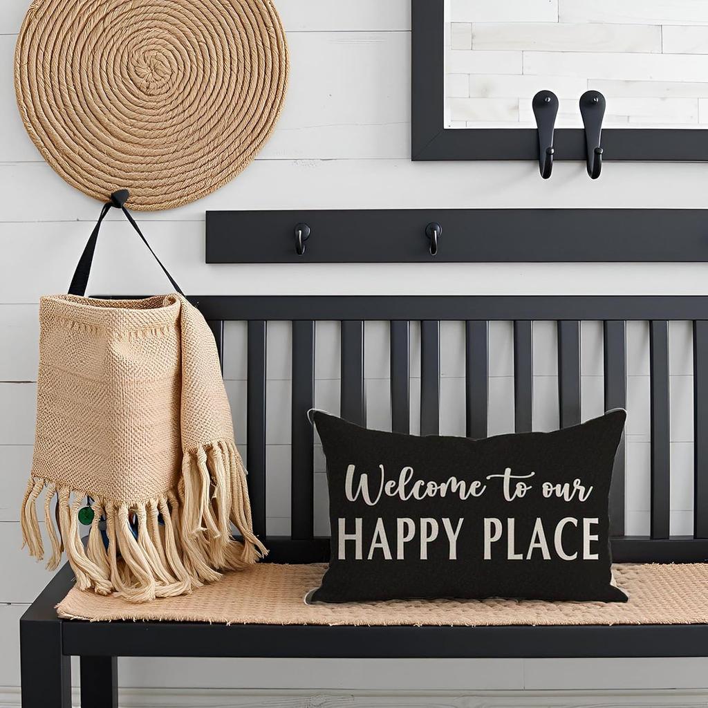 Decorative Throw Pillow Cover 12x20 Inch Welcome to Our Happy Place Black White Outdoor Modern Farmhouse Front Porch Patio Decor Lumbar Cushion Case