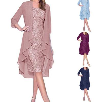 Женское кружевное платье без рукавов с круглым вырезом, 2 шт./компл., однотонное, с рукавами 3/4, с открытым передом, кардиган, элегантный женский наряд