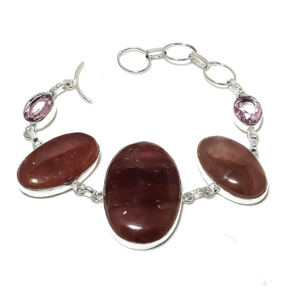 Браслет из стерлингового серебра 925 пробы с натуральным клубничным кварцем и кунцитом 7-8 дюймов h2p09