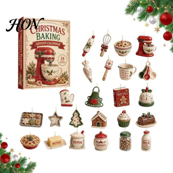 Holiday Desk Decor 2026 Christmas Baking Advent Calendar, 24-Day Acrylic 2D Ornament Set Festive Party Favors with Cute Bakery Designs, Tree