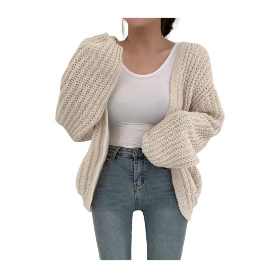 Женский свитер, пальто с v-образным вырезом, фонариком и длинным рукавом, вязаное пальто с открытой строчкой, однотонное повседневное трикотажное пальто на каждый день