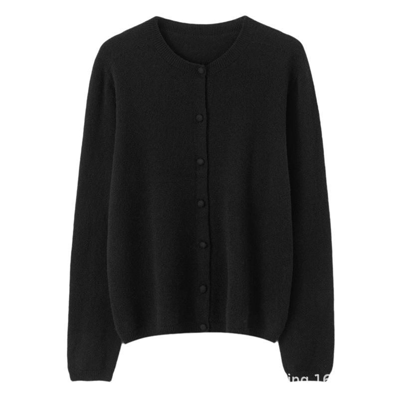 Women's 100% Cashmere Long Sleeve Round Neck Button-Up Cardigan - Seamless Solid Color for Autumn
