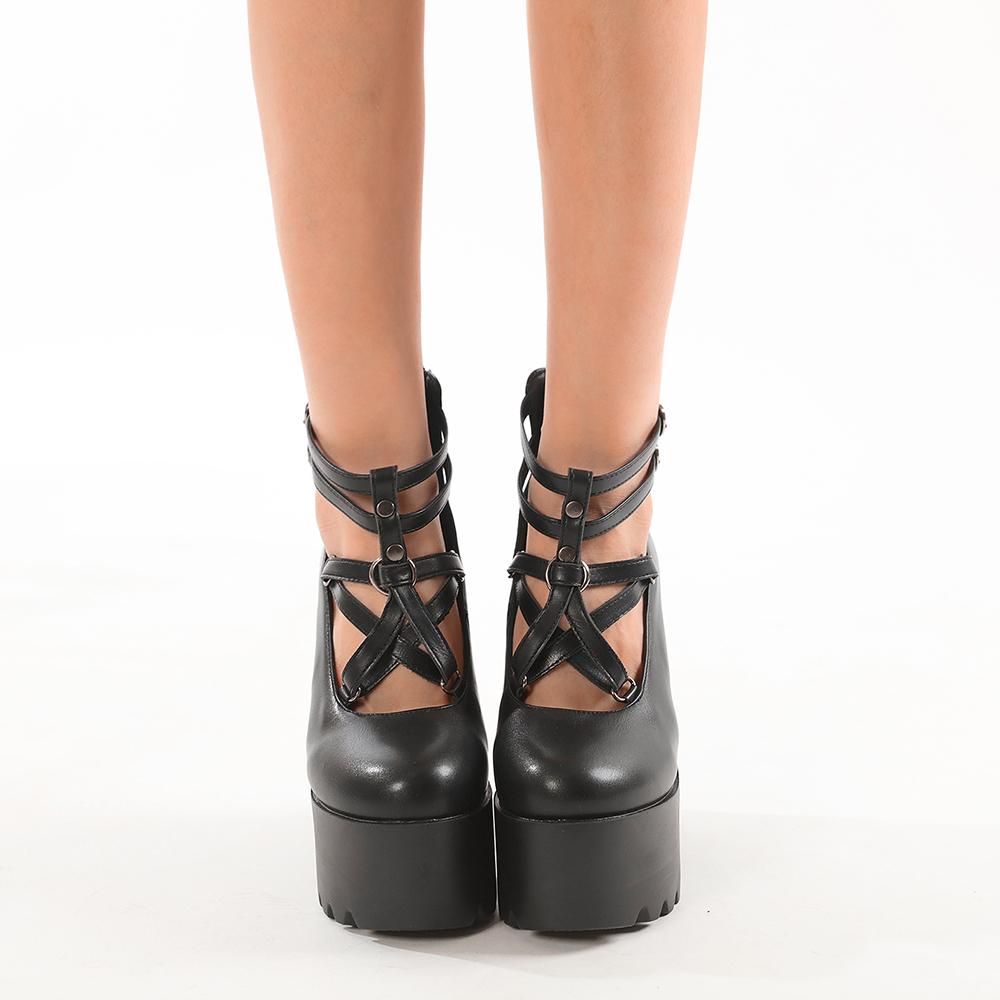 Gdgydh Женские туфли на блочном каблуке, готический стиль, туфли-лодочки на платформе с закрытым носком, пряжкой и ремешком, молния сзади, однотонные туфли на каблуке