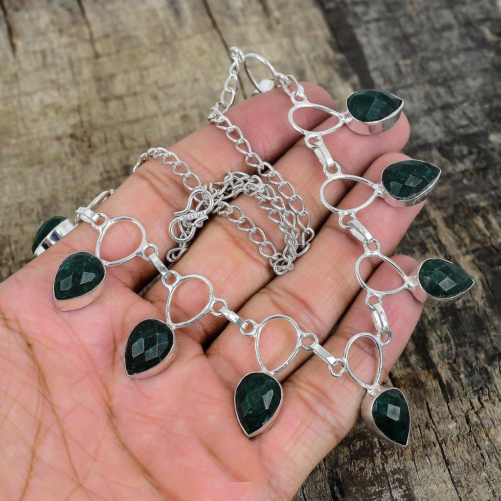 Sakota Mines Emerald Silver Necklace, Green Color Necklace, Gemstone Necklace, 925 Sterling Silver Jewelry, 925 Silver Crystal Dainty Necklace For Her