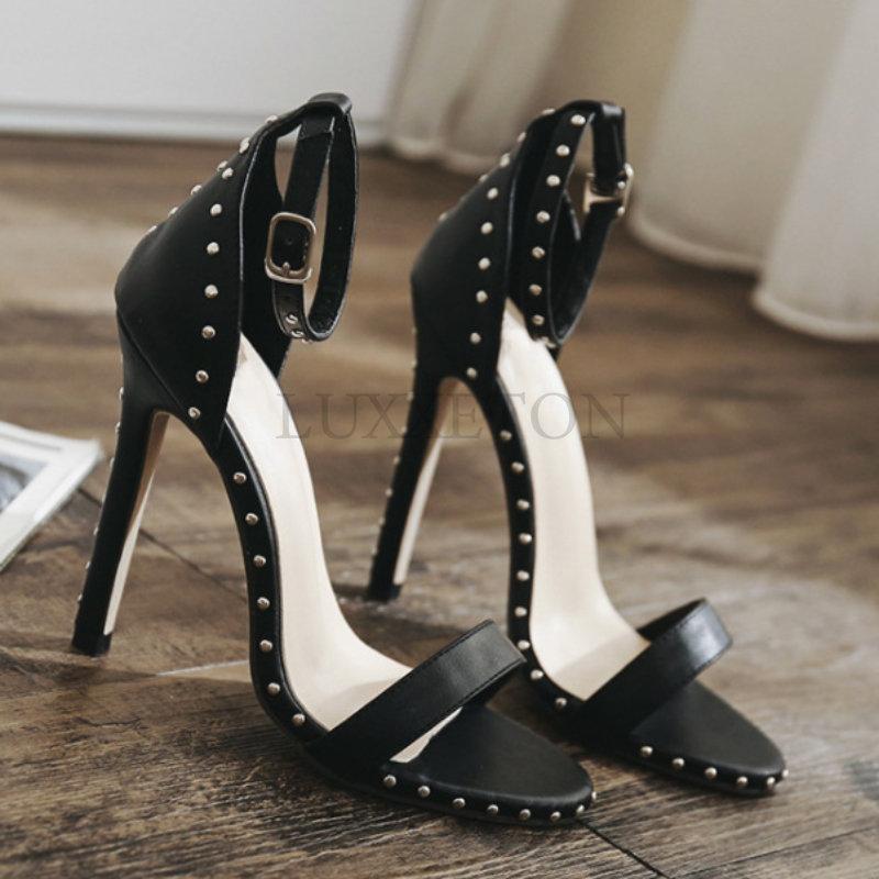 Женские босоножки на высоком каблуке, летние, тонкий каблук, искусственная кожа, заклепки, открытый носок, сексуальные туфли для вечеринок, Sandalia Feminina Zapatos Mujer