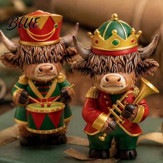 Rustic Holiday Fireplace Accents 2 Pcs Christmas Nutcracker Highland Cow Figurine Wooden Scottish Cattle Statue with Trumpet Winter Window