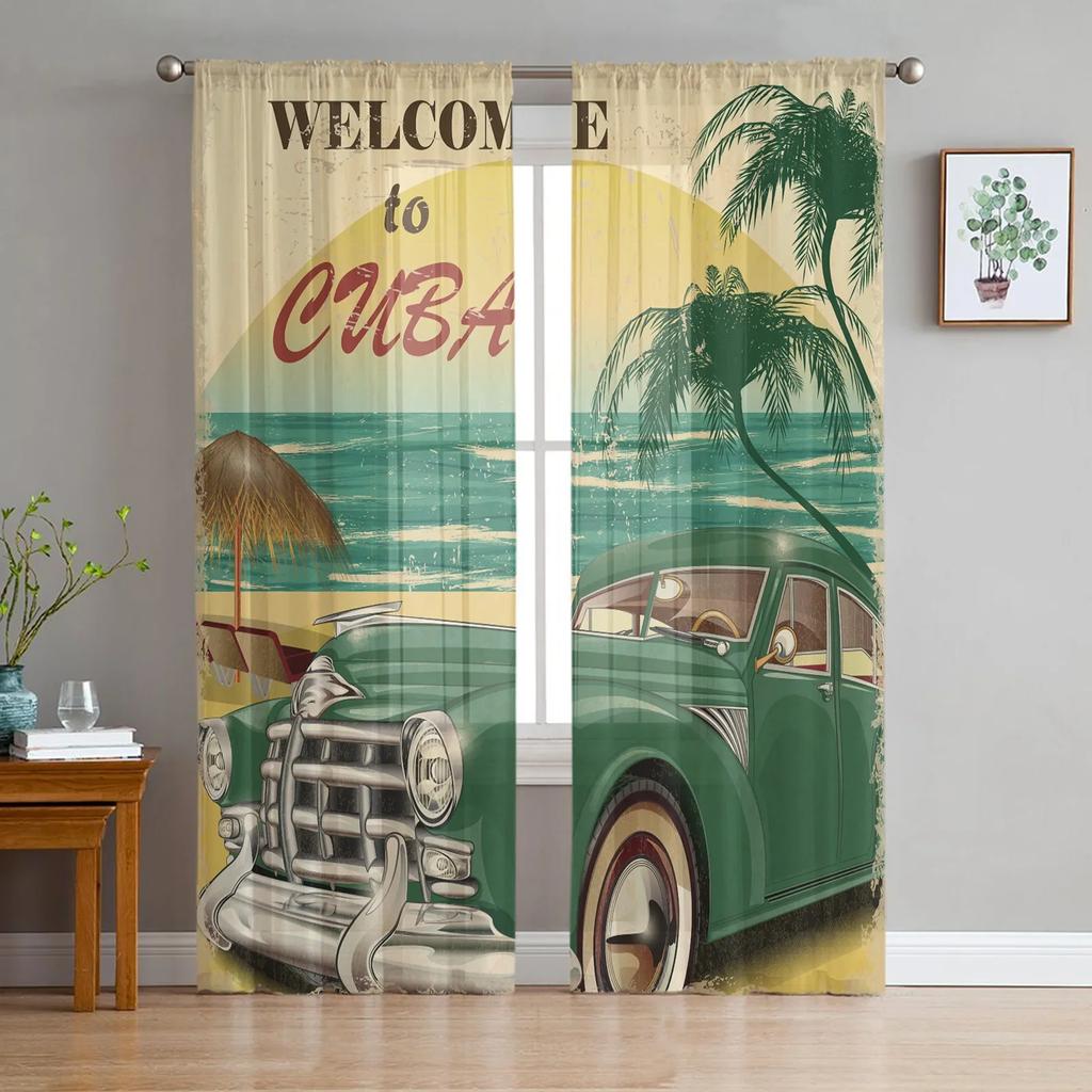 Автомобиль Ретро Прозрачные Шторы Гостиная Окно Тюль Шторы Для Спальни Кухня Домашнее Украшение Вуаль Шторы