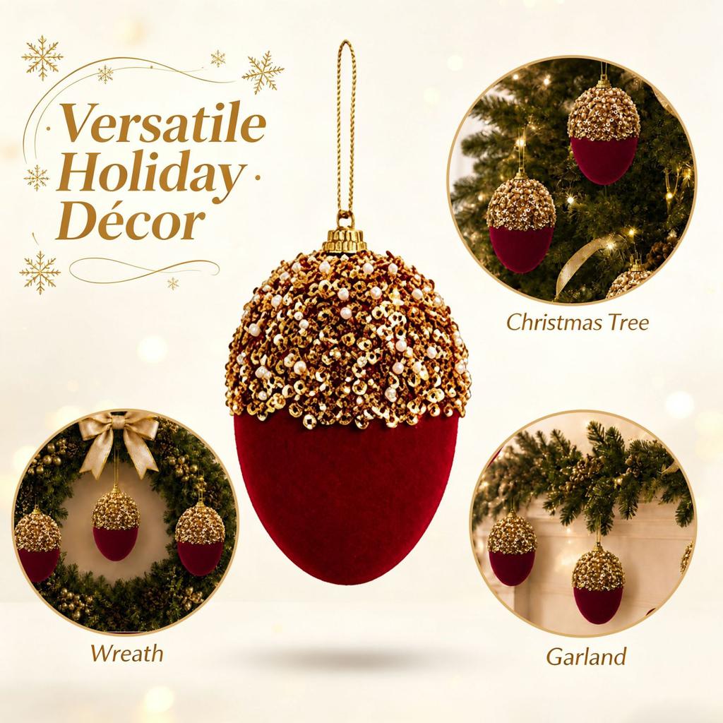 10Pcs Velvet Flocked Christmas Ball Ornaments Pearl Sequin Egg Baubles Tree Hanging Festive Home Decor