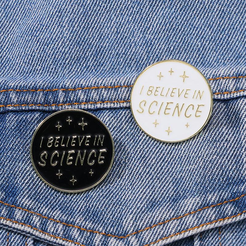Black White Enamel Alloy Cartoon Brooch Trust Science English Word Pattern Fashion Badge Decoration For Clothing Backpack Accessory