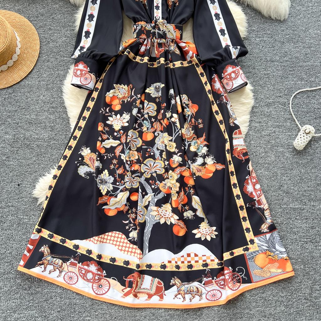 Весна-лето Женские дизайнерские винтажные принты Подиумные платья с отложным воротником Длинное макси-платье-рубашка с поясом