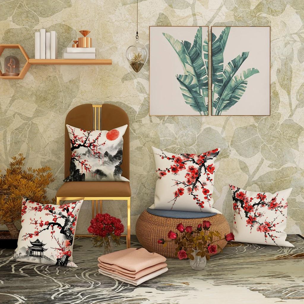 Наволочка декоративная в древнем стиле с цветущей сливой, ультрамягкий полиэстер, для гостиной, дивана, спинки, автомобильная наволочка