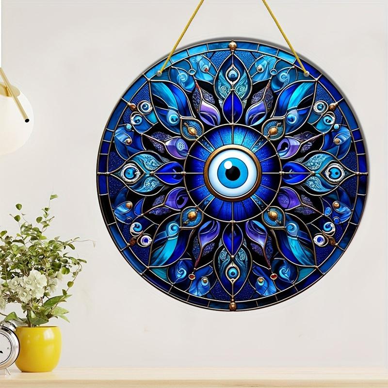 Charming Evil Eye Wooden Round Sign for Home Living Room Decor Stained Window Hanging Pendant Wall Art Ornament Gift