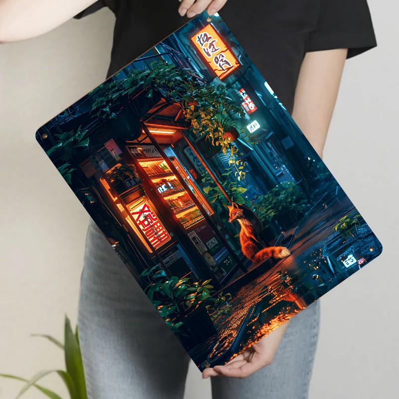 NeonFoxNeon Rainy Night Fox Convenience Store Japanese Street View Metal Iron Painting Modern Home Wall Decor Art Hanging