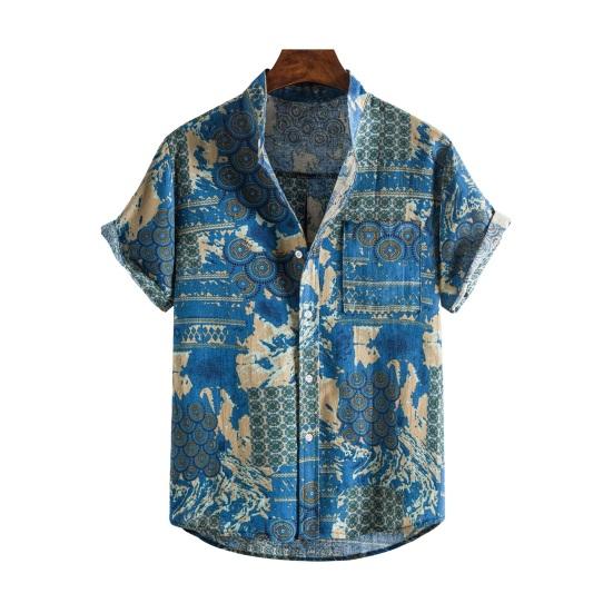 Men Shirt Stand Collar Short Sleeve Contrast Color Striped Single-breasted Loose Soft Mid Length