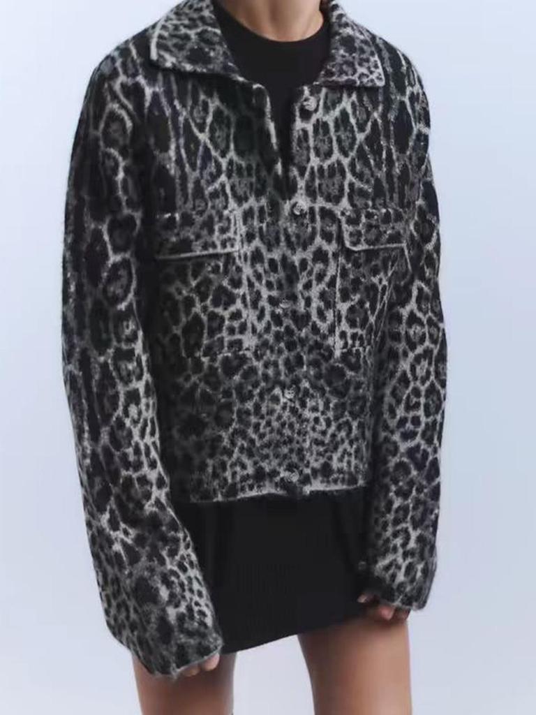 Rose beauty Женский кардиган с отложным воротником и длинным рукавом с леопардовым узором, повседневный, осень и зима