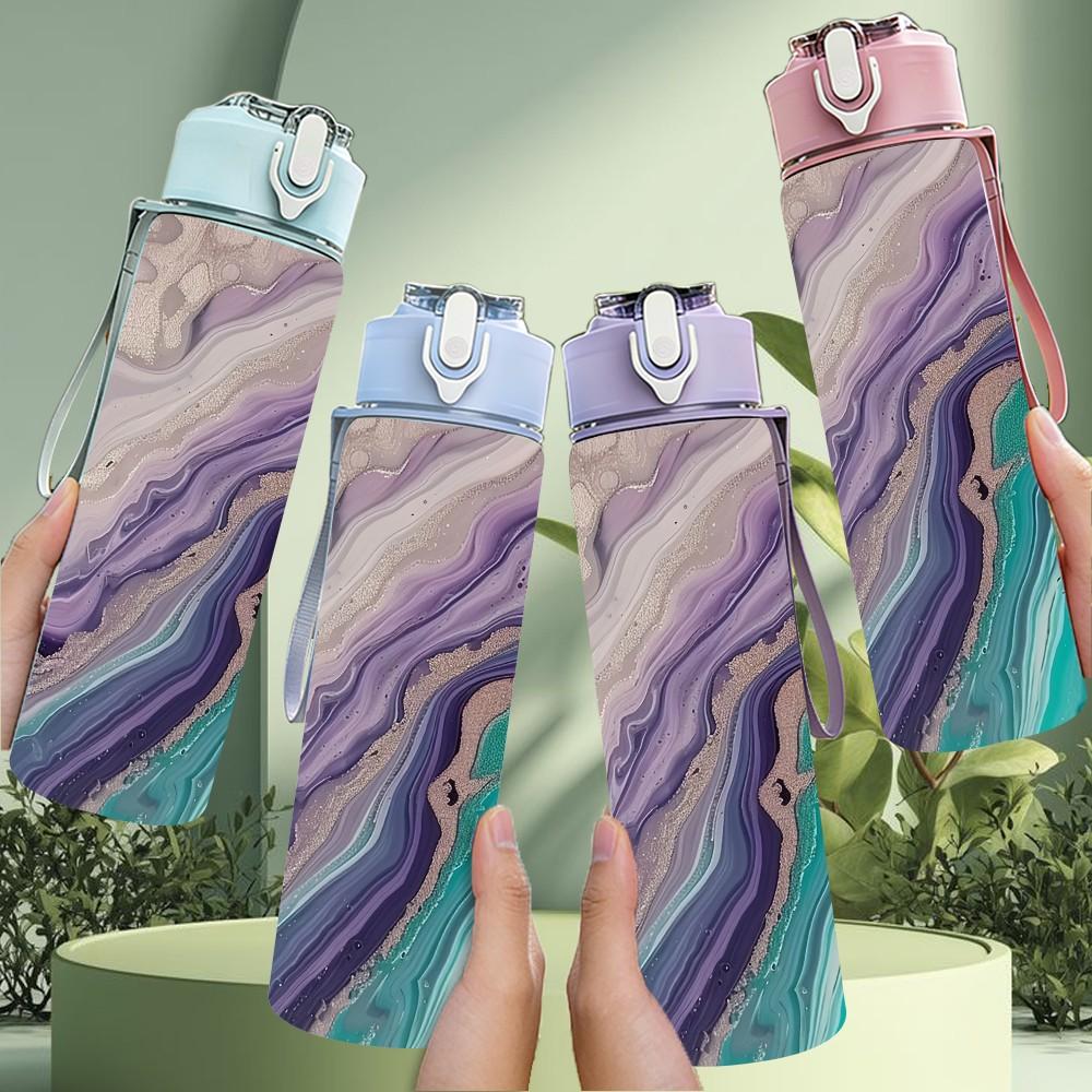 1PC Purple Green Swirl Agate Marble Texture 750ml Color Plastic Sports Water Bottle Leakproof Flip Straw Lid Suitable for Sports Office Home Use