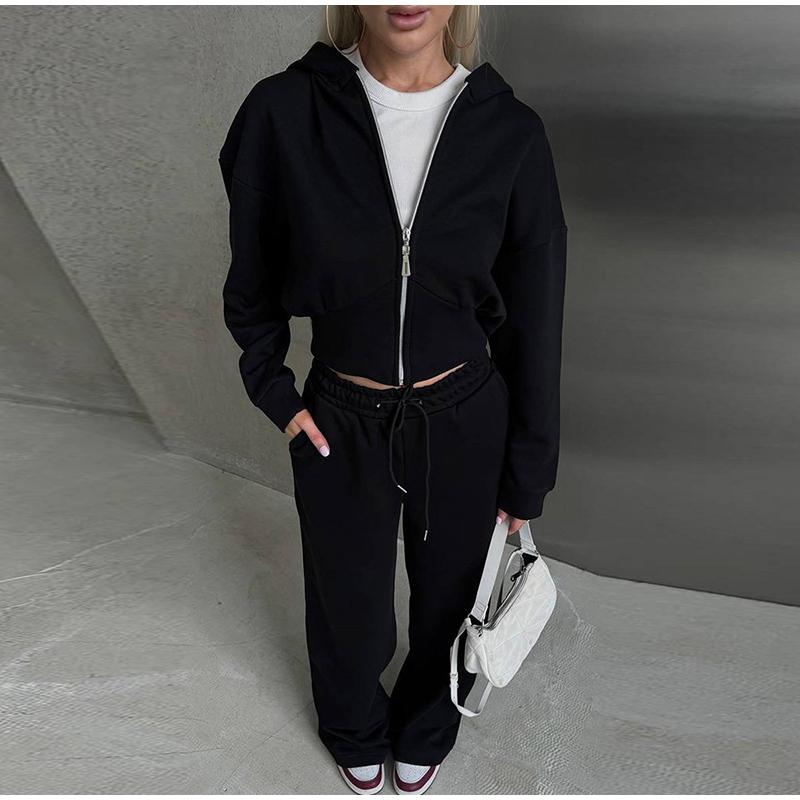 Casual Solid Color Hoodies Pants Set Women Long Sleeve Zipper Short Sweatshirt Slim Drawstring Trouser 2025 Spring Autumn New Lady Tracksuit