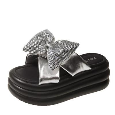 Модные женские 7 см блестящие бабочки узел толстые тапочки летние женские пляжные шлепанцы танкетки каблуки уличные сандалии женские туфли на платформе