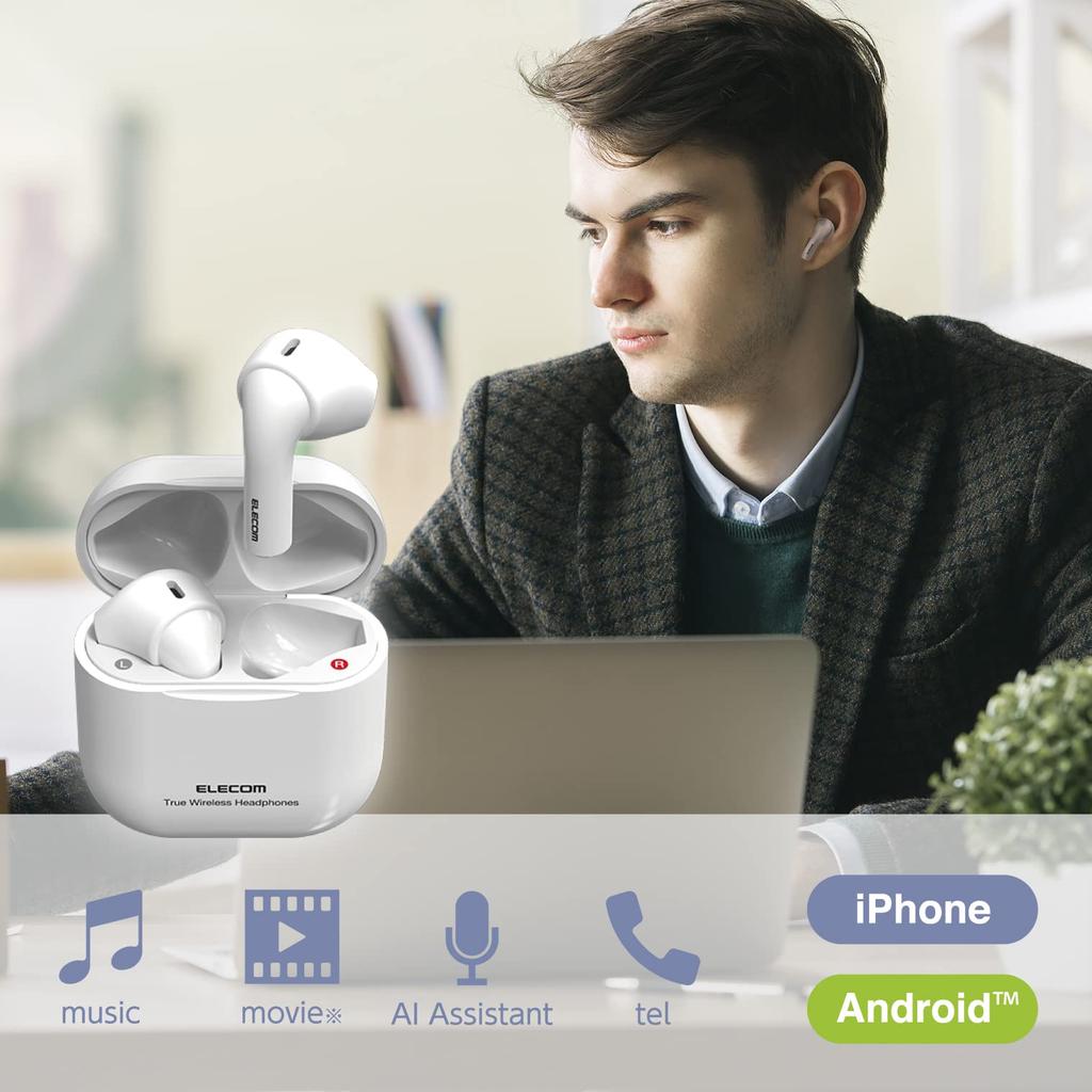 ELECOM Wireless Bluetooth Automatic ACC White LBT-TWS11WH Earbuds, 5, Lightweight, Compact, In-Ear, Call, Pairing, Compatible, Type-C Charging,