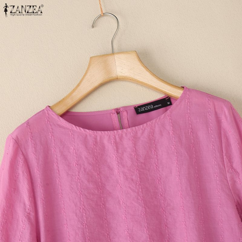 ZANZEA Женская повседневная блузка с круглым вырезом, рукавом 3/4, свободного кроя, с вышивкой и пэчворком