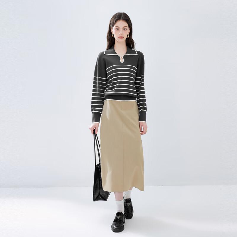 Qiushuiyiren Women's Striped Turn-Down Collar Knit Sweater