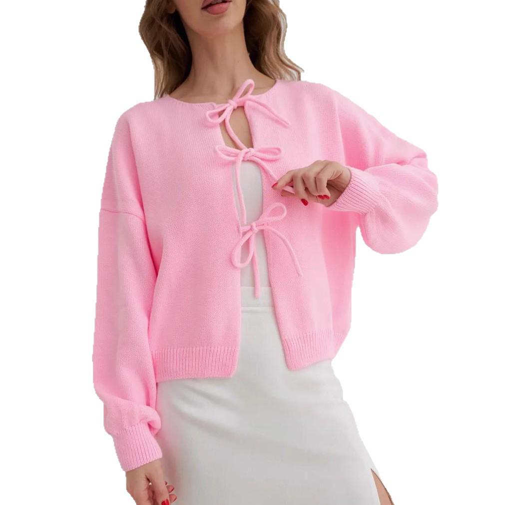 Осень/Зима 2025 Европейский и Американский Женский Повседневный Свободный Кардиган На Завязках Однотонный Вязаный Свитер