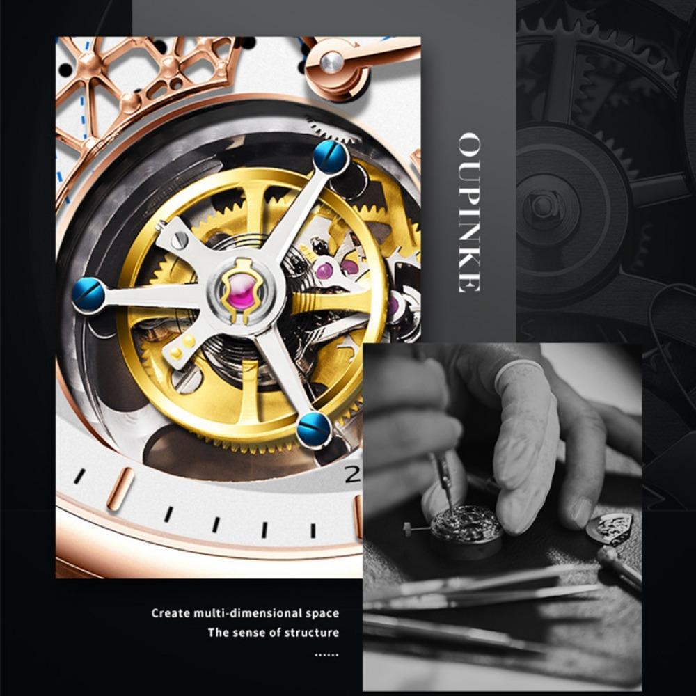 OUPINKE Новые мужские часы для бизнеса и отдыха, механические часы с турбийоном, полые водонепроницаемые мужские часы