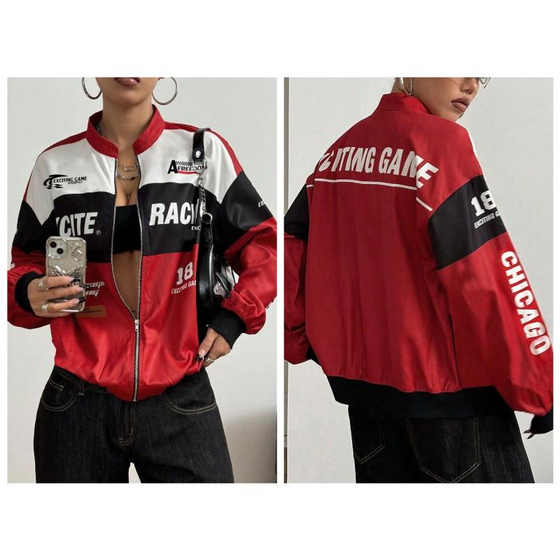 Womens Racing Jacket Casual All-match Letter Print Stand Collar Zip Up Everyday Outerwear