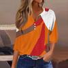 Women's Fashion V-Neck Button Seven Sleeve T-Shirt Casual Geometric Splicing Printed Top