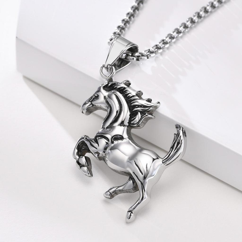 2025 Stainless Steel Standing Horse Pendant Necklace - European & American Hip-Hop Style for Men & Women